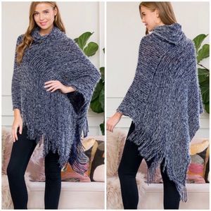 Poncho Turtleneck Fringe -  Blue NWT